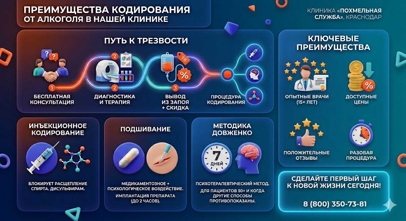 Инфографика о методах кодирования от алкоголя в Заозёрном: инъекции, подшивание, метод Довженко. Преимущества клиники и этапы лечения.